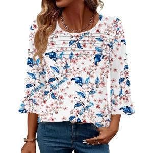 image:imageBlingfit Womens Tops 34 Length Sleeve Dressy Casual Shirts Bell Sleeve Front Pleated Fasion Trendy Summer Blouses 2026Bpink Flowers and Blue Leaves