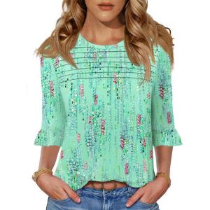 image:imageBlingfit Womens Tops 34 Length Sleeve Dressy Casual Shirts Bell Sleeve Front Pleated Fasion Trendy Summer Blouses 2026Bpink Flowers on Green Background