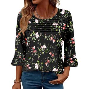 image:imageBlingfit Womens Tops 34 Length Sleeve Dressy Casual Shirts Bell Sleeve Front Pleated Fasion Trendy Summer Blouses 2026Bred Flowers on Black Background