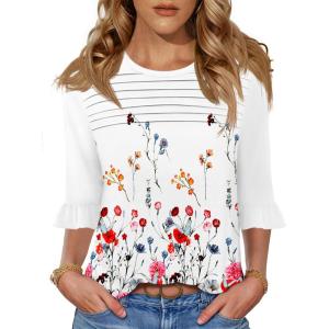 image:imageBlingfit Womens Tops 34 Length Sleeve Dressy Casual Shirts Bell Sleeve Front Pleated Fasion Trendy Summer Blouses 2026Bred Flowers on White Background