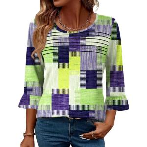image:imageBlingfit Womens Tops 34 Length Sleeve Dressy Casual Shirts Bell Sleeve Front Pleated Fasion Trendy Summer Blouses 2026Green Bk