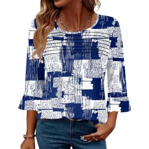 image:imageBlingfit Womens Tops 34 Length Sleeve Dressy Casual Shirts Bell Sleeve Front Pleated Fasion Trendy Summer Blouses 2026Navy Blue Strip