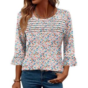 image:imageBlingfit Womens Tops 34 Length Sleeve Dressy Casual Shirts Bell Sleeve Front Pleated Fasion Trendy Summer Blouses 2026Pink Blue Flower