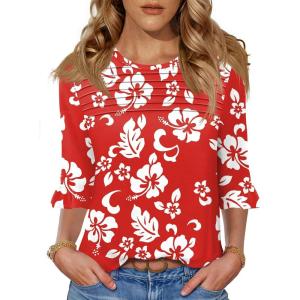 image:imageBlingfit Womens Tops 34 Length Sleeve Dressy Casual Shirts Bell Sleeve Front Pleated Fasion Trendy Summer Blouses 2026Red Background With White Flowers
