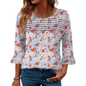 image:imageBlingfit Womens Tops 34 Length Sleeve Dressy Casual Shirts Bell Sleeve Front Pleated Fasion Trendy Summer Blouses 2026Red Flowers and Blue Leaves