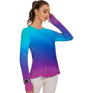 image:imageBlingfit Womens Workout Tops Long Sleeve Running Hiking Athletic Gym Shirts Lightweight UPF50 UV Rash Guard Sun ProtectionBbluepurple Gradient