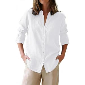 image:imagesiliteelon Button Down Shirts for Women Oxford Shirt Cotton Dress Shirts Collared Long Sleeve Wrinkle Free Blouse TopsA White