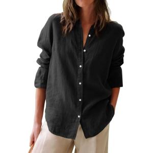 image:imagesiliteelon Button Down Shirts for Women Oxford Shirt Cotton Dress Shirts Collared Long Sleeve Wrinkle Free Blouse TopsC Black