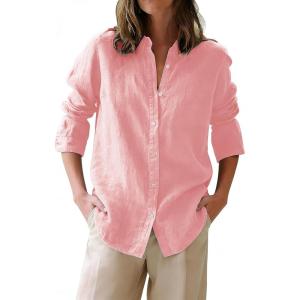 image:imagesiliteelon Button Down Shirts for Women Oxford Shirt Cotton Dress Shirts Collared Long Sleeve Wrinkle Free Blouse TopsC Misty Rose