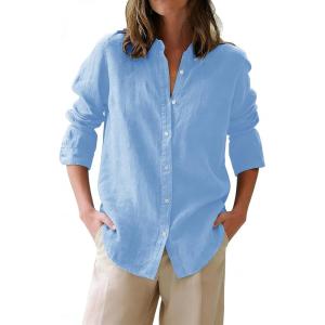 image:imagesiliteelon Button Down Shirts for Women Oxford Shirt Cotton Dress Shirts Collared Long Sleeve Wrinkle Free Blouse TopsD Blue