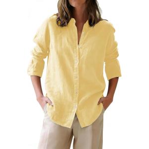 image:imagesiliteelon Button Down Shirts for Women Oxford Shirt Cotton Dress Shirts Collared Long Sleeve Wrinkle Free Blouse TopsD Light Yellow