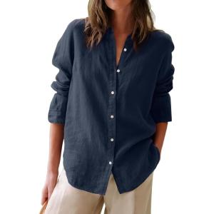 image:imagesiliteelon Button Down Shirts for Women Oxford Shirt Cotton Dress Shirts Collared Long Sleeve Wrinkle Free Blouse TopsD Navy Blue