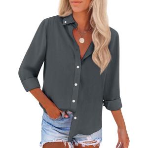 image:imagesiliteelon Button Down Shirts for Women Oxford Shirt Cotton Dress Shirts Collared Long Sleeve Wrinkle Free Blouse TopsDark Gray