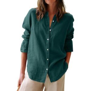 image:imagesiliteelon Button Down Shirts for Women Oxford Shirt Cotton Dress Shirts Collared Long Sleeve Wrinkle Free Blouse TopsDark Green
