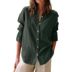image:imagesiliteelon Button Down Shirts for Women Oxford Shirt Cotton Dress Shirts Collared Long Sleeve Wrinkle Free Blouse TopsDark Olive