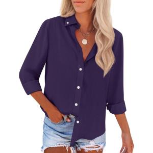 image:imagesiliteelon Button Down Shirts for Women Oxford Shirt Cotton Dress Shirts Collared Long Sleeve Wrinkle Free Blouse TopsDark Purple