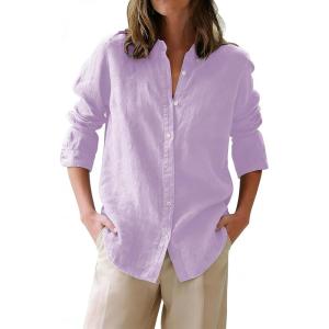 image:imagesiliteelon Button Down Shirts for Women Oxford Shirt Cotton Dress Shirts Collared Long Sleeve Wrinkle Free Blouse TopsLilac