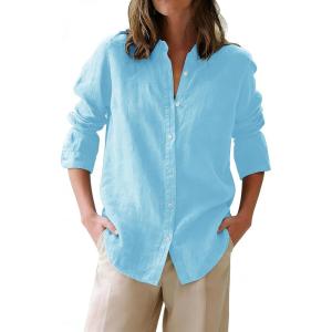 image:imagesiliteelon Button Down Shirts for Women Oxford Shirt Cotton Dress Shirts Collared Long Sleeve Wrinkle Free Blouse TopsRiver Blue