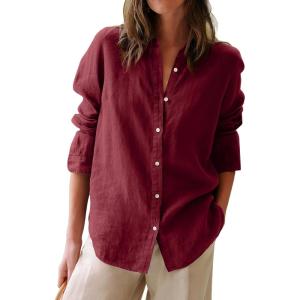 image:imagesiliteelon Button Down Shirts for Women Oxford Shirt Cotton Dress Shirts Collared Long Sleeve Wrinkle Free Blouse TopsWine Red
