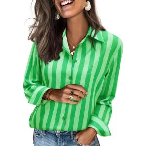 image:imagesiliteelon Button Down Shirts for Women Striped Dress Shirts Long Sleeve Casual Collared Office Work Blouses TopsGreen