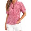 image:imagesiliteelon Women Plaid Shirt Gingham Short Sleeve Top Button Down Ruffle V Neck Dress Shirts Cotton Casual Work BlouseRed