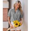 image:imagesiliteelon Women Plaid Shirt Gingham Short Sleeve Top Button Down Ruffle V Neck Dress Shirts Cotton Casual Work BlouseBlack