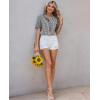 image:imagesiliteelon Women Plaid Shirt Gingham Short Sleeve Top Button Down Ruffle V Neck Dress Shirts Cotton Casual Work BlouseBlack