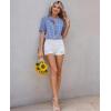 image:imagesiliteelon Women Plaid Shirt Gingham Short Sleeve Top Button Down Ruffle V Neck Dress Shirts Cotton Casual Work BlouseBlue