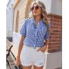 image:imagesiliteelon Women Plaid Shirt Gingham Short Sleeve Top Button Down Ruffle V Neck Dress Shirts Cotton Casual Work BlouseBlue
