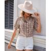image:imagesiliteelon Women Plaid Shirt Gingham Short Sleeve Top Button Down Ruffle V Neck Dress Shirts Cotton Casual Work BlouseBrown