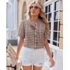 image:imagesiliteelon Women Plaid Shirt Gingham Short Sleeve Top Button Down Ruffle V Neck Dress Shirts Cotton Casual Work BlouseBrown