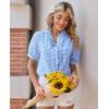 image:imagesiliteelon Women Plaid Shirt Gingham Short Sleeve Top Button Down Ruffle V Neck Dress Shirts Cotton Casual Work BlouseLight Blue