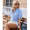 image:imagesiliteelon Women Plaid Shirt Gingham Short Sleeve Top Button Down Ruffle V Neck Dress Shirts Cotton Casual Work BlouseLight Blue