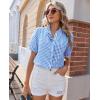 image:imagesiliteelon Women Plaid Shirt Gingham Short Sleeve Top Button Down Ruffle V Neck Dress Shirts Cotton Casual Work BlouseLight Blue