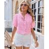 image:imagesiliteelon Women Plaid Shirt Gingham Short Sleeve Top Button Down Ruffle V Neck Dress Shirts Cotton Casual Work BlousePink