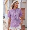image:imagesiliteelon Women Plaid Shirt Gingham Short Sleeve Top Button Down Ruffle V Neck Dress Shirts Cotton Casual Work BlousePurple