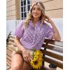 image:imagesiliteelon Women Plaid Shirt Gingham Short Sleeve Top Button Down Ruffle V Neck Dress Shirts Cotton Casual Work BlousePurple