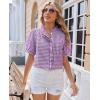 image:imagesiliteelon Women Plaid Shirt Gingham Short Sleeve Top Button Down Ruffle V Neck Dress Shirts Cotton Casual Work BlousePurple