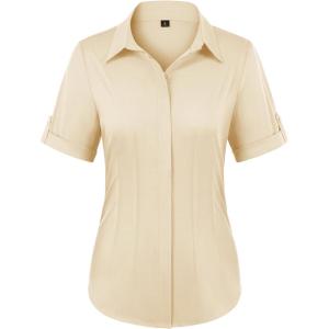 image:imagesiliteelon Button Down Shirts for Women Slim Fit Short Sleeve Button Up Dress Shirt Formal Work BlousesBeige