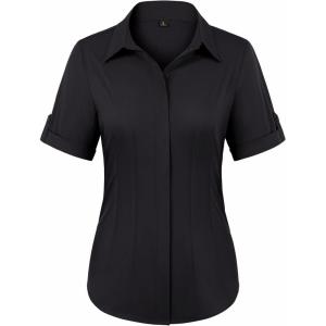 image:imagesiliteelon Button Down Shirts for Women Slim Fit Short Sleeve Button Up Dress Shirt Formal Work BlousesBlack