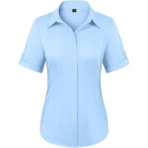 image:imagesiliteelon Button Down Shirts for Women Slim Fit Short Sleeve Button Up Dress Shirt Formal Work BlousesBlue