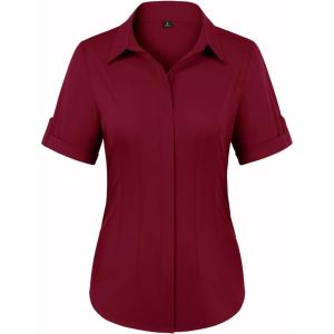 image:imagesiliteelon Button Down Shirts for Women Slim Fit Short Sleeve Button Up Dress Shirt Formal Work BlousesBurgundy