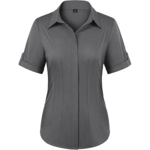 image:imagesiliteelon Button Down Shirts for Women Slim Fit Short Sleeve Button Up Dress Shirt Formal Work BlousesGrey