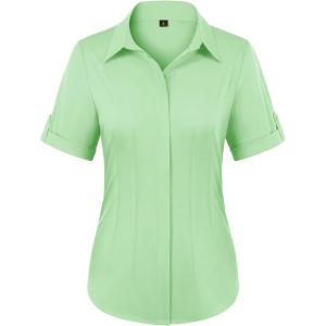 image:imagesiliteelon Button Down Shirts for Women Slim Fit Short Sleeve Button Up Dress Shirt Formal Work BlousesMint Green