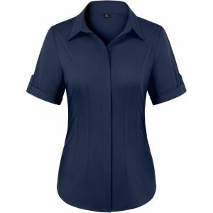 image:imagesiliteelon Button Down Shirts for Women Slim Fit Short Sleeve Button Up Dress Shirt Formal Work BlousesNavy Blue
