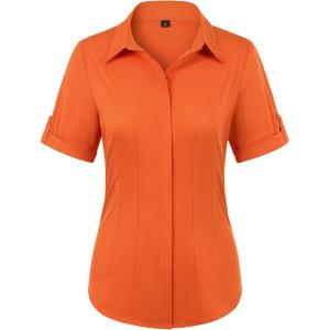 image:imagesiliteelon Button Down Shirts for Women Slim Fit Short Sleeve Button Up Dress Shirt Formal Work BlousesOrange