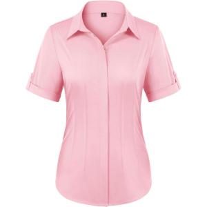 image:imagesiliteelon Button Down Shirts for Women Slim Fit Short Sleeve Button Up Dress Shirt Formal Work BlousesPink