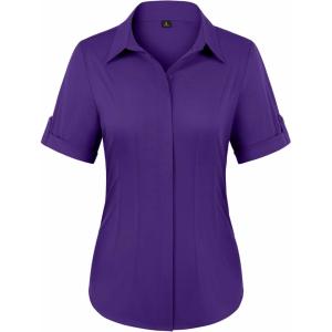 image:imagesiliteelon Button Down Shirts for Women Slim Fit Short Sleeve Button Up Dress Shirt Formal Work BlousesPurple