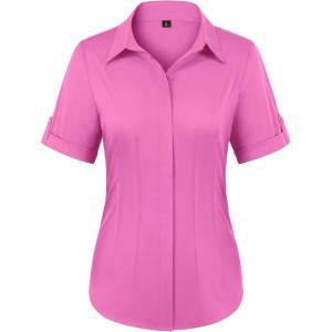 image:imagesiliteelon Button Down Shirts for Women Slim Fit Short Sleeve Button Up Dress Shirt Formal Work BlousesRose Red