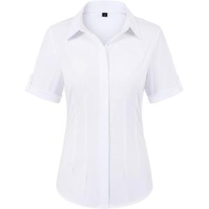 image:imagesiliteelon Button Down Shirts for Women Slim Fit Short Sleeve Button Up Dress Shirt Formal Work BlousesWhite